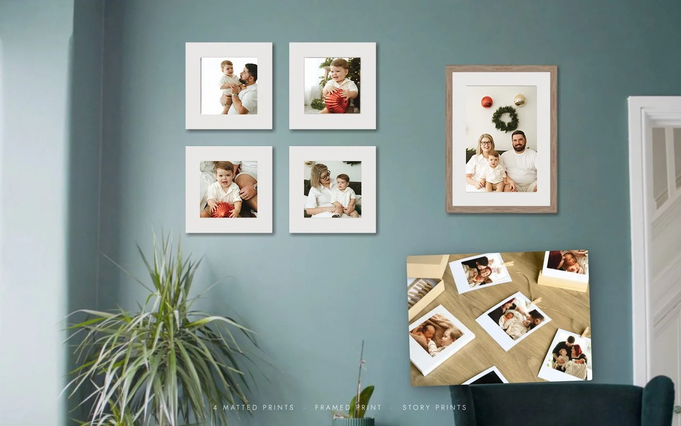 Four matted prints, a framed print and Story Prints styled on a wall