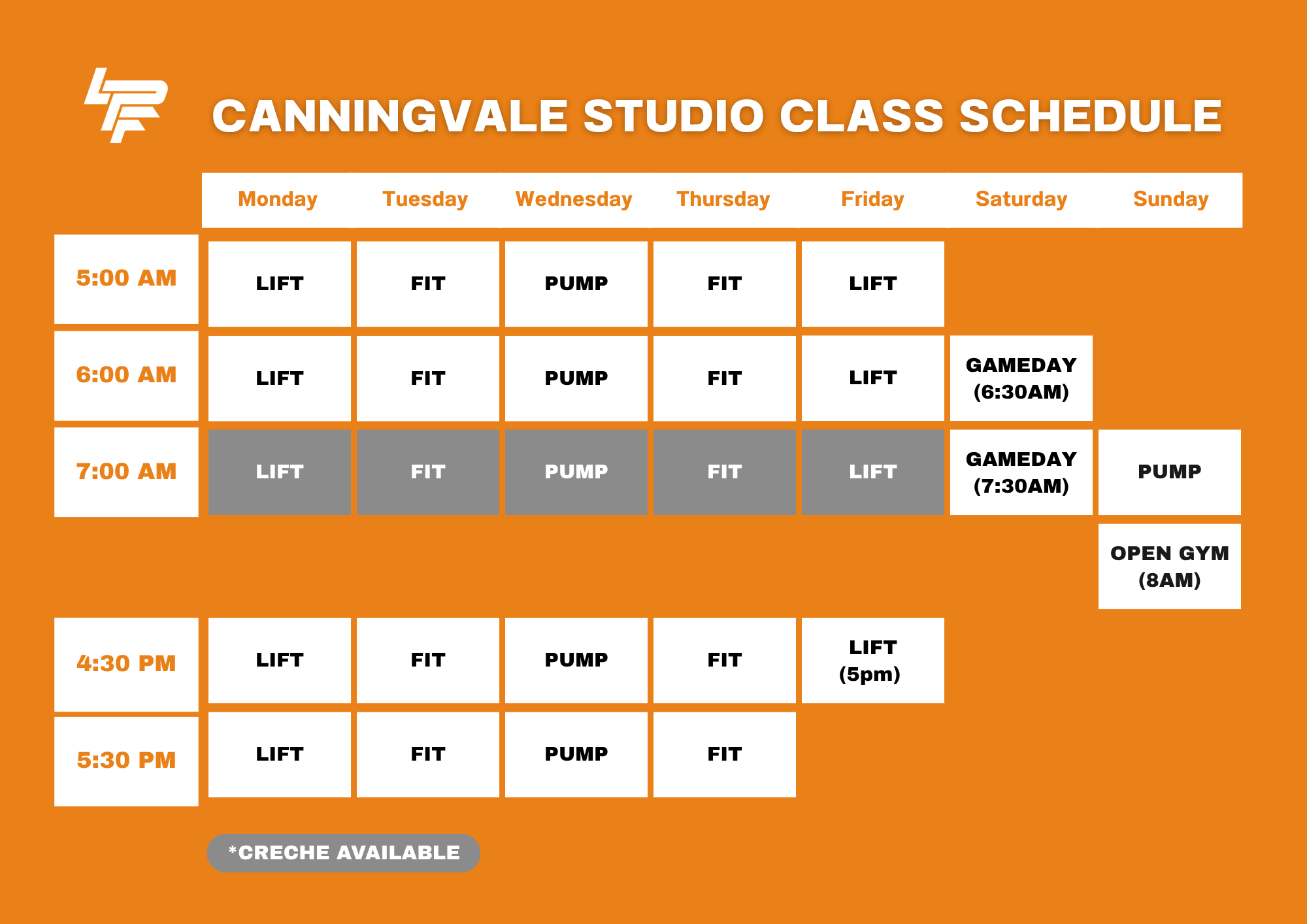 LPF Canningvale weekly class schedule