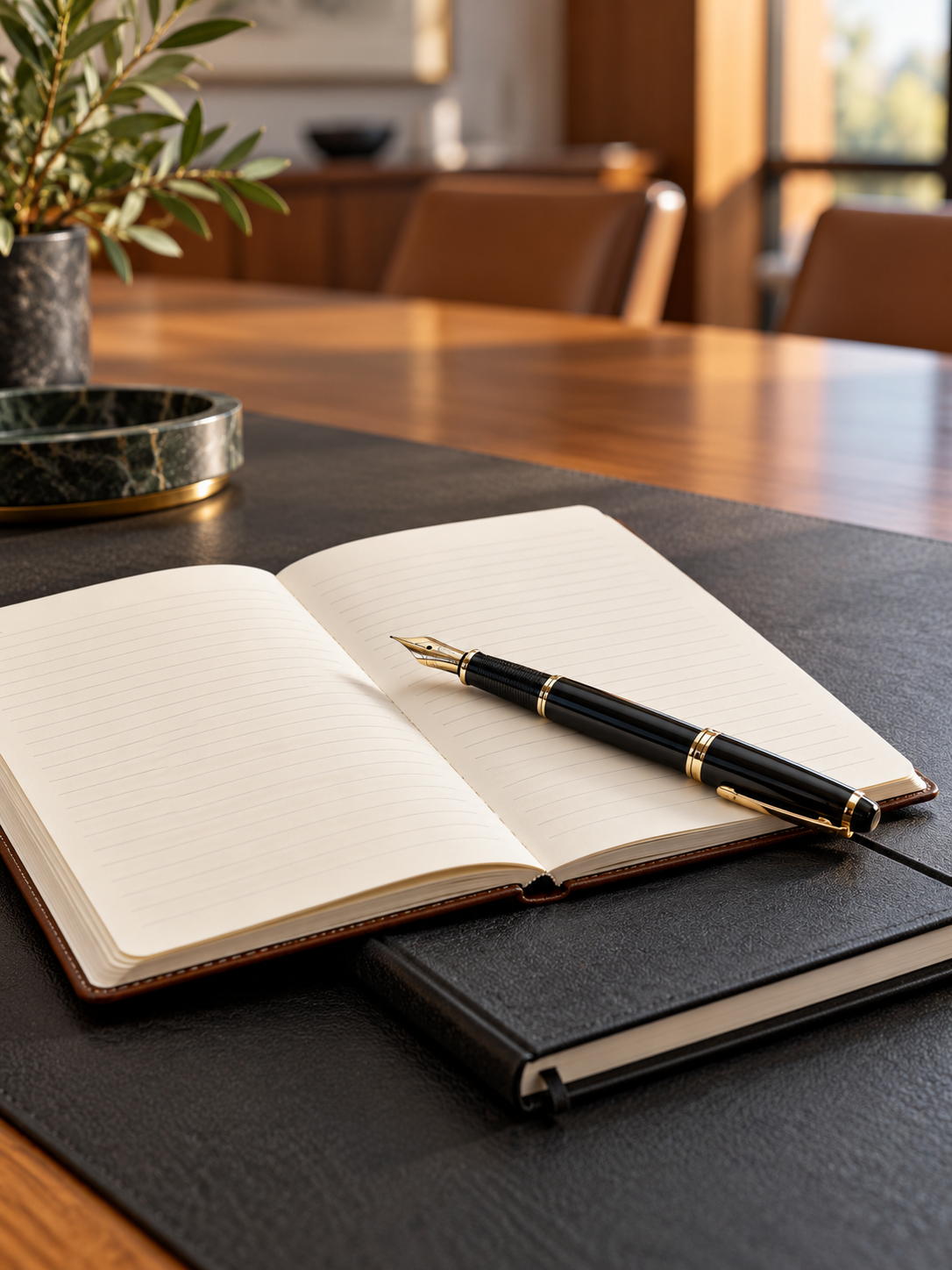 Carnet ouvert et stylo-plume noir sur un bureau