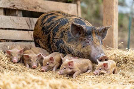 Mother pig nuzzling piglets