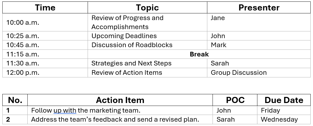 White paper with black text detailing action items and next steps