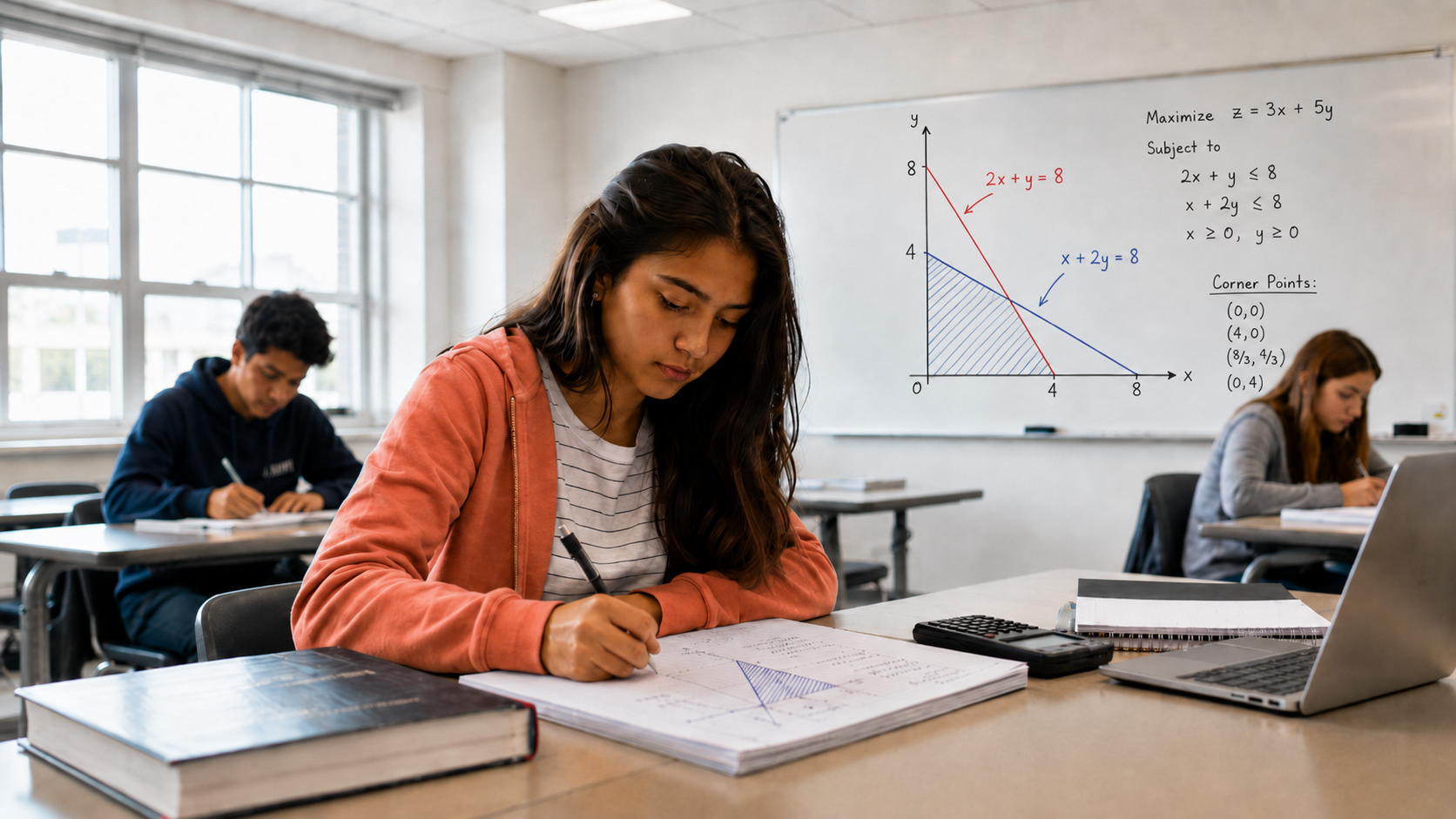 Student solving linear programming problem