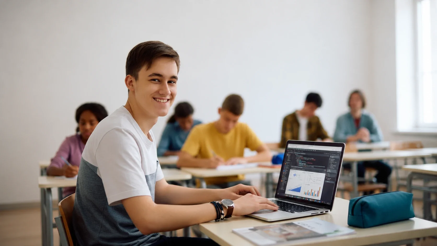 Teen student smiling at camera with data science charts and Python IDE open on laptop screen, classroom setting — Aprise Learning Data Science Foundations course for Grades 10–11
