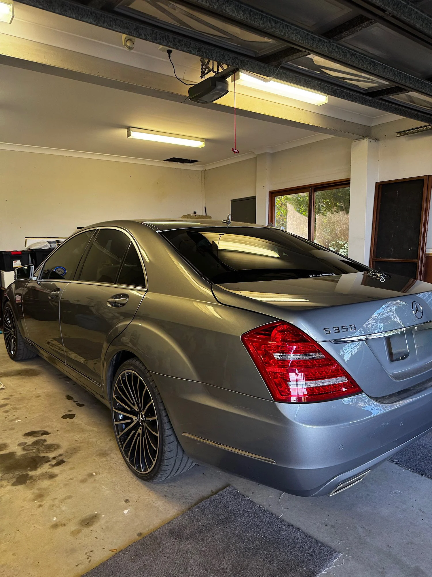 Rear three quarter view of Mercedes-Benz S350 after window tint service