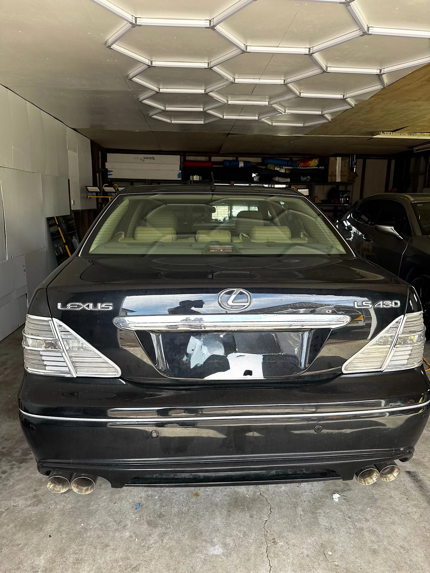 Rear view of a 2005 Lexus LS 430 showing the rear windscreen before tint installation