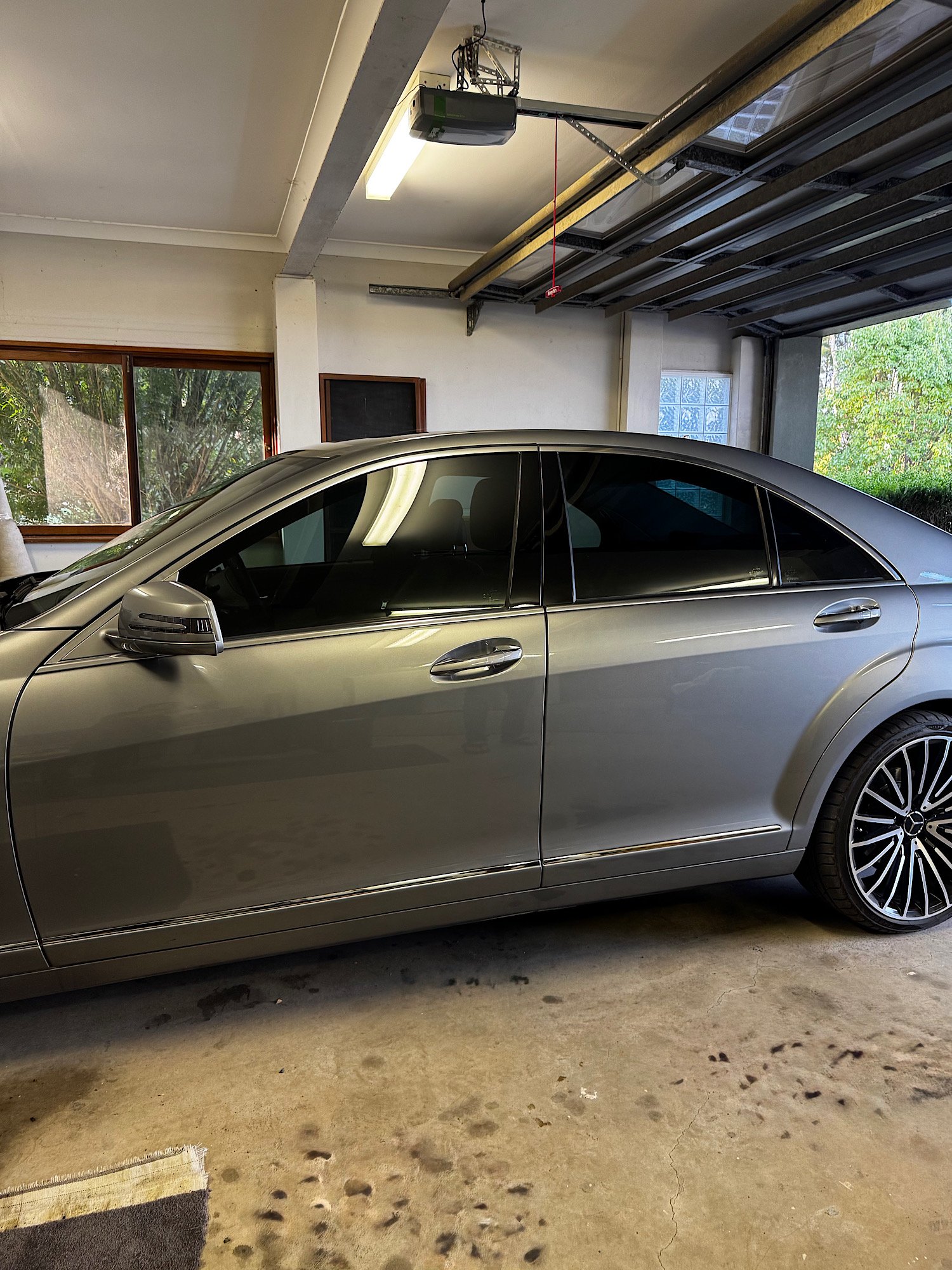 Mercedes-Benz S350 side profile after premium window tint installation