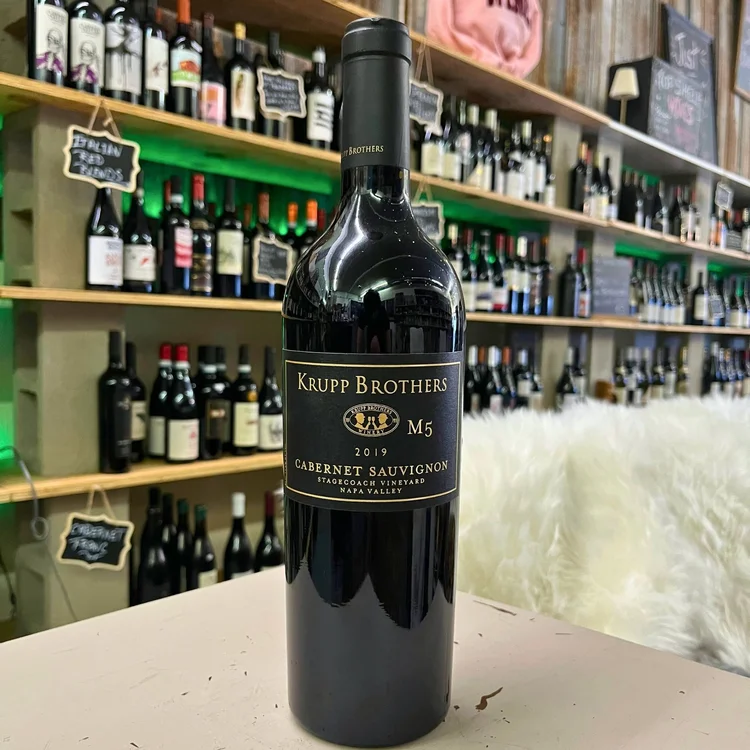 Bottle of Krupp Brothers M5 Cabernet Sauvignon 2019 on the shop counter