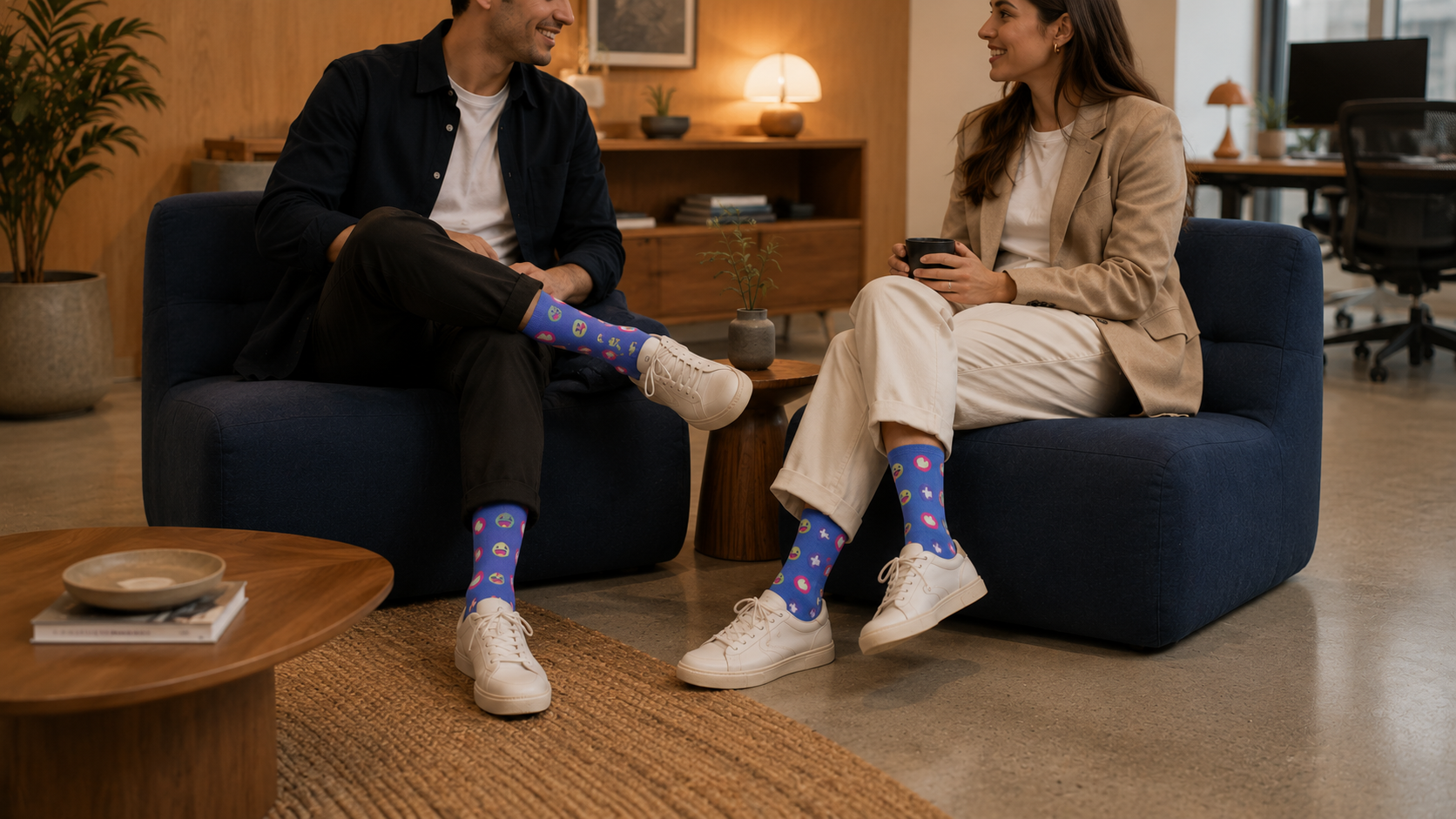 Employee wearing custom socks