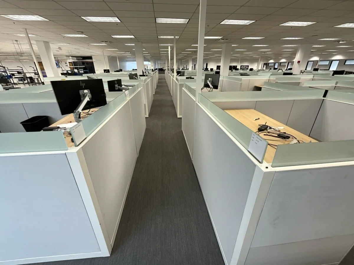Sunnyvale medical technology facility workplace: completed flooring among office workstations.