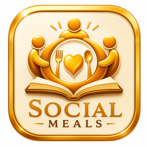 The Social Meals app icon: a gold cookbook with two figures raising a fork and spoon over a heart.