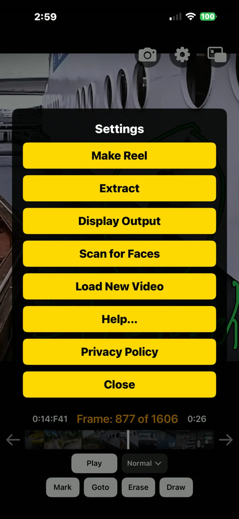 The Video Scrubber Pro settings panel, a stack of yellow buttons reading Make Reel, Extract, Display Output, Scan for Faces, Load New Video, Help, Privacy Policy and Close.