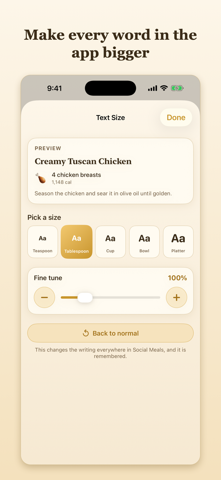 The text size screen, with a slider enlarging the whole app.
