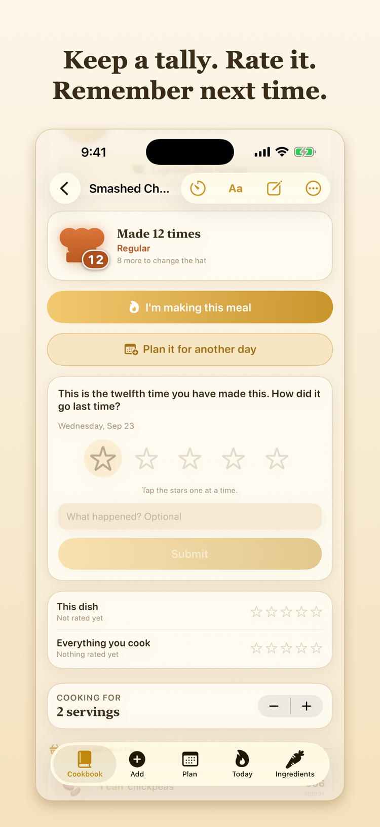 A recipe's cooking section showing a five star rating and a count of times cooked.