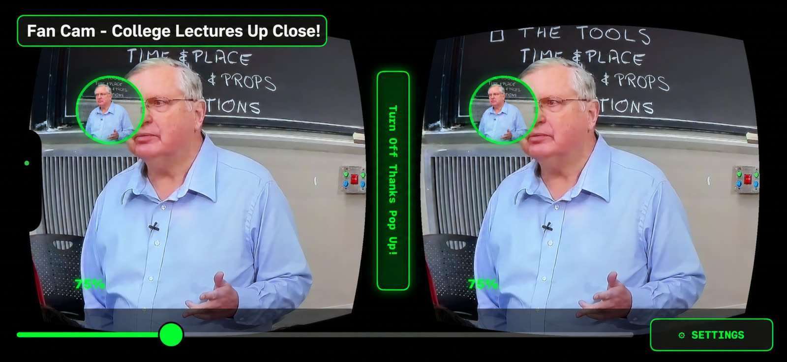 Through the headset in a lecture hall: the speaker and the chalkboard behind them pulled in close, with an inset showing how small the same view was from the back row.