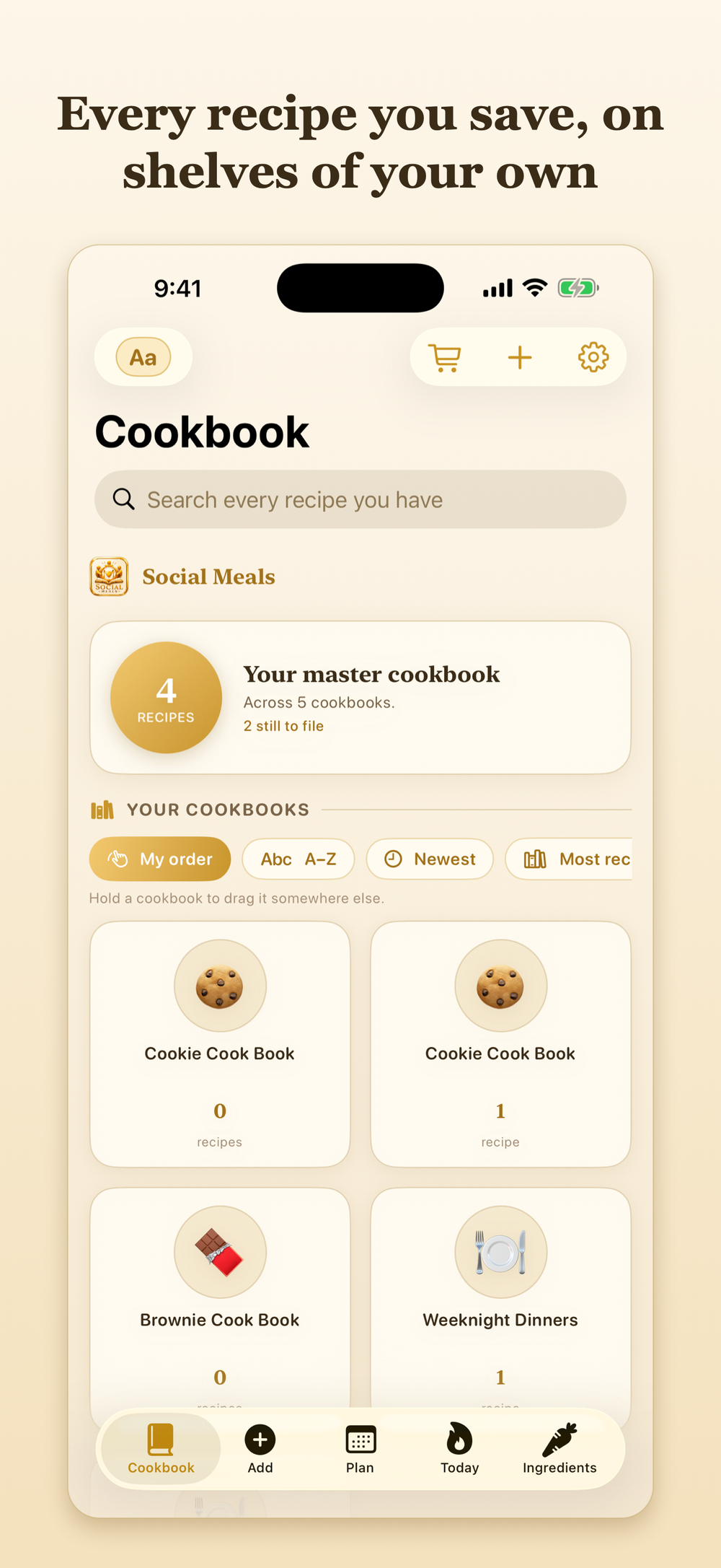 The Cookbook screen: a master count of four recipes across five cookbooks, with shelves named Cookie Cook Book, Brownie Cook Book and Weeknight Dinners.