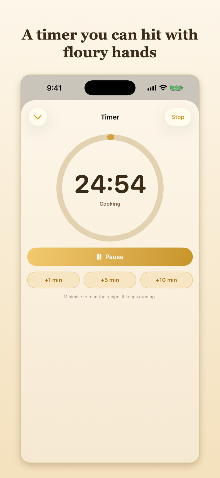 The kitchen timer running at twenty four minutes and fifty four seconds.
