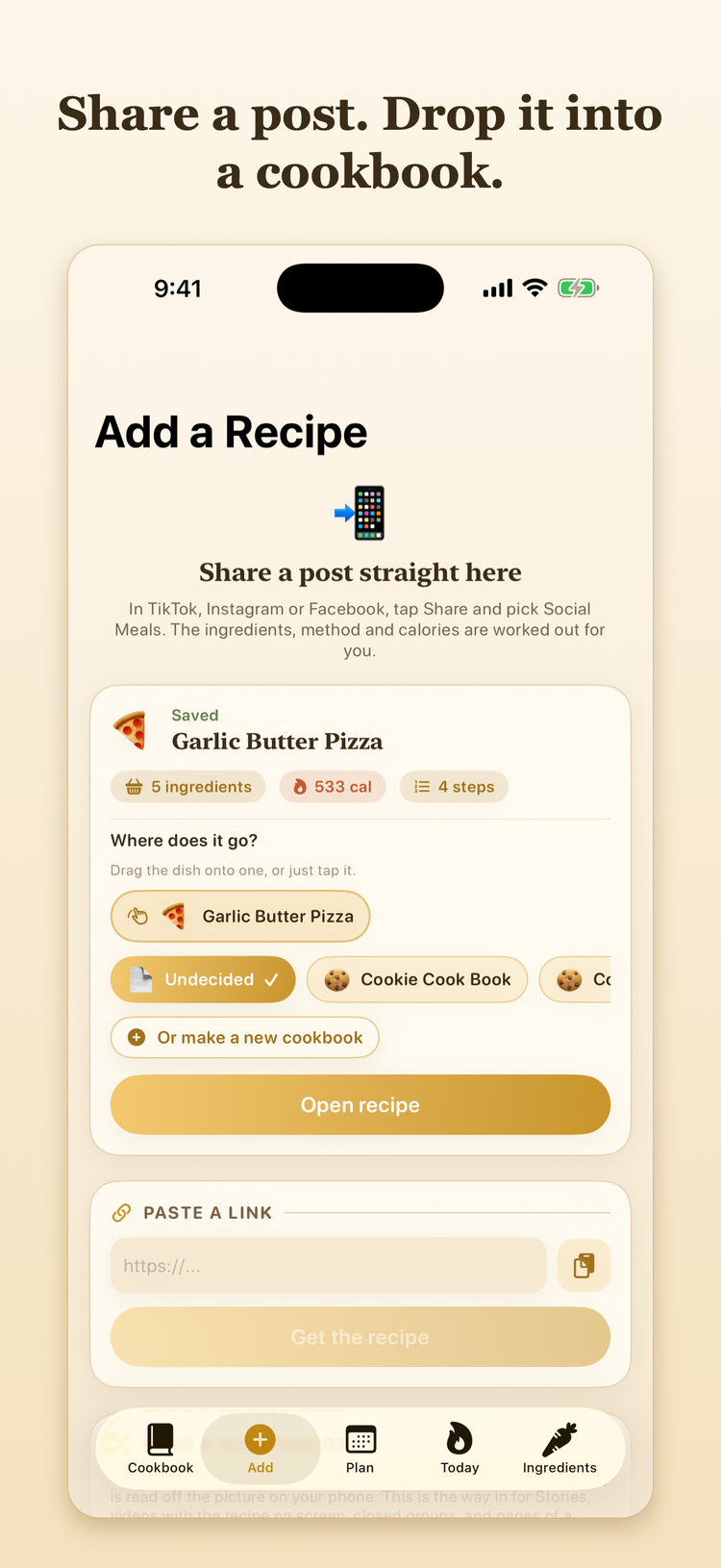 The share sheet showing a recipe being dragged onto one of the user's cookbooks.