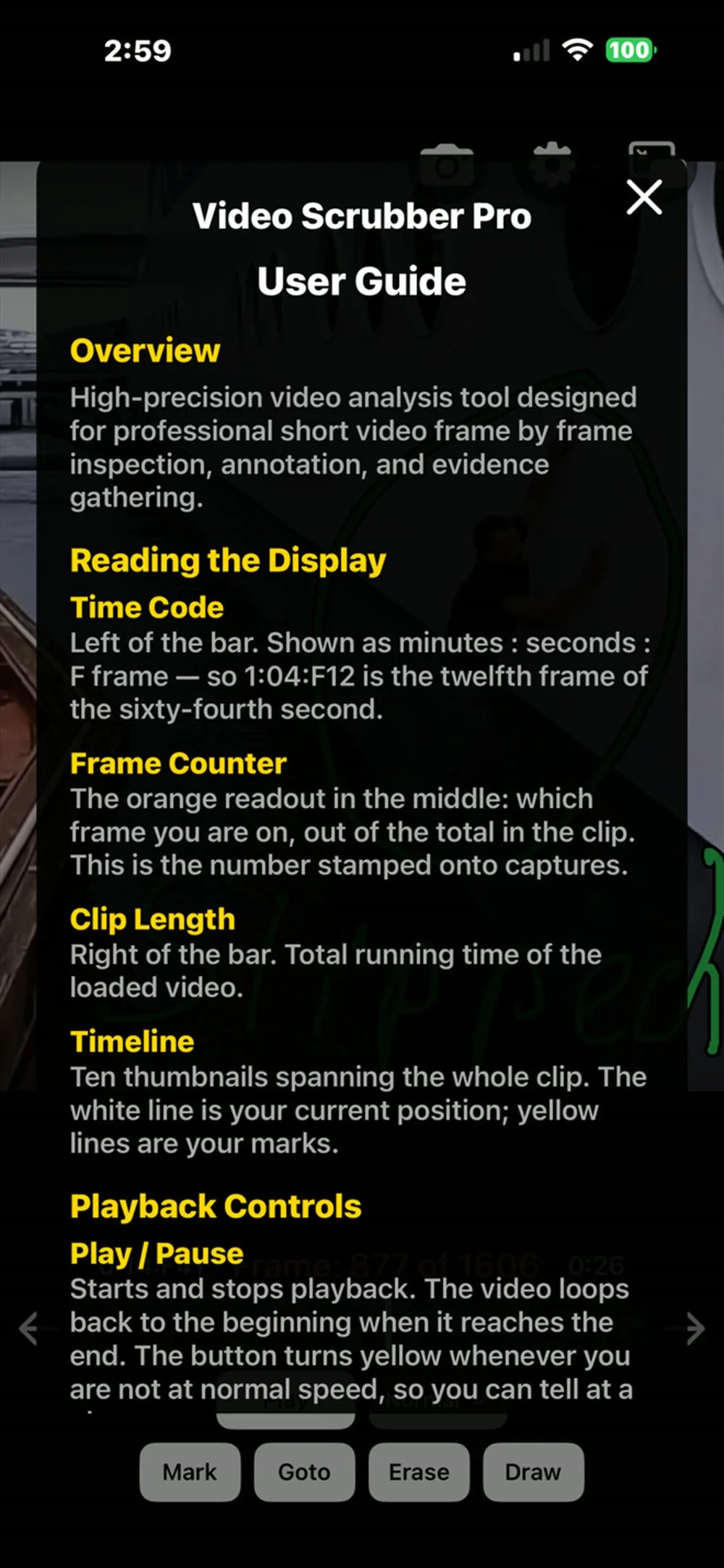 The in-app user guide, with headed sections explaining the time code, frame counter, clip length, timeline and playback controls.