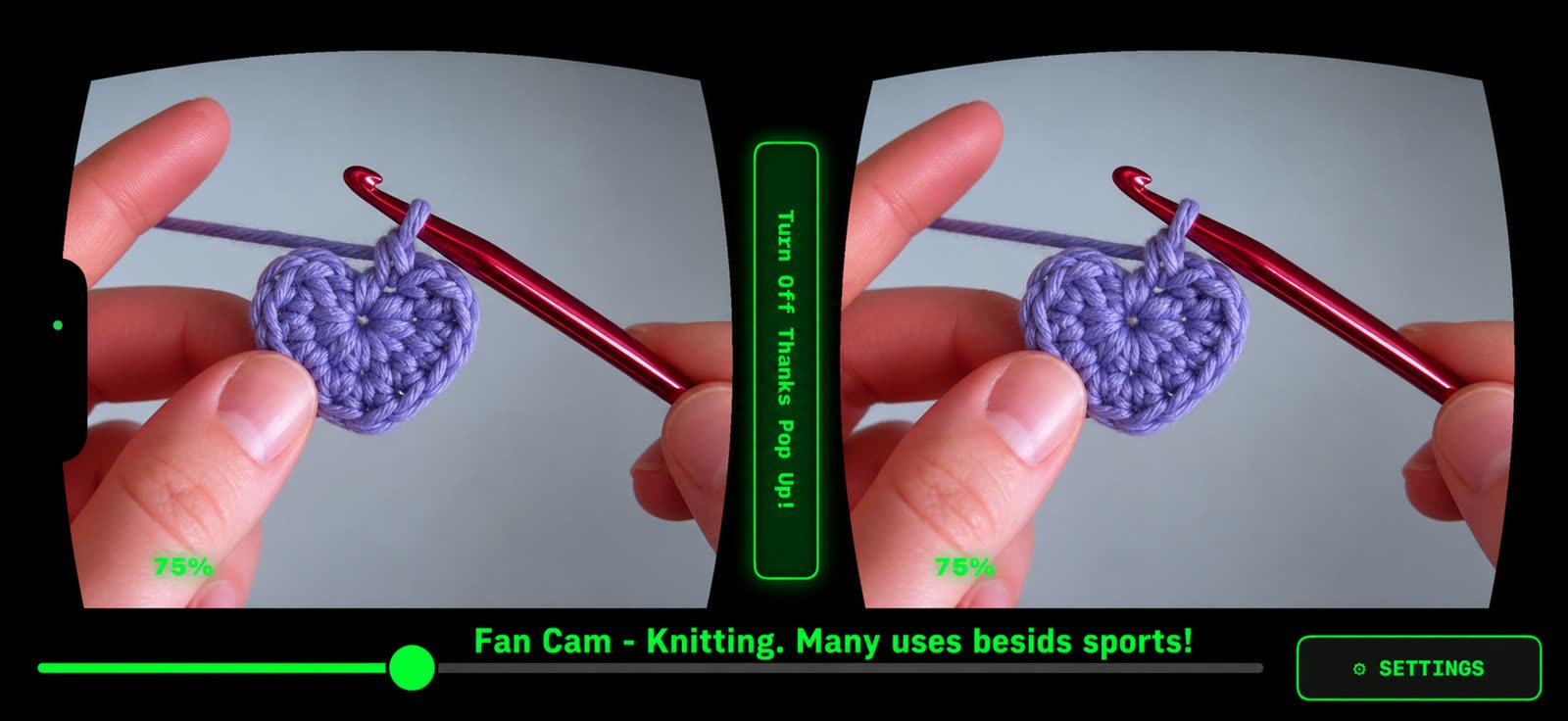 Through the headset at close range: two hands working a crochet hook through a small purple heart motif, every stitch magnified in both eyes.