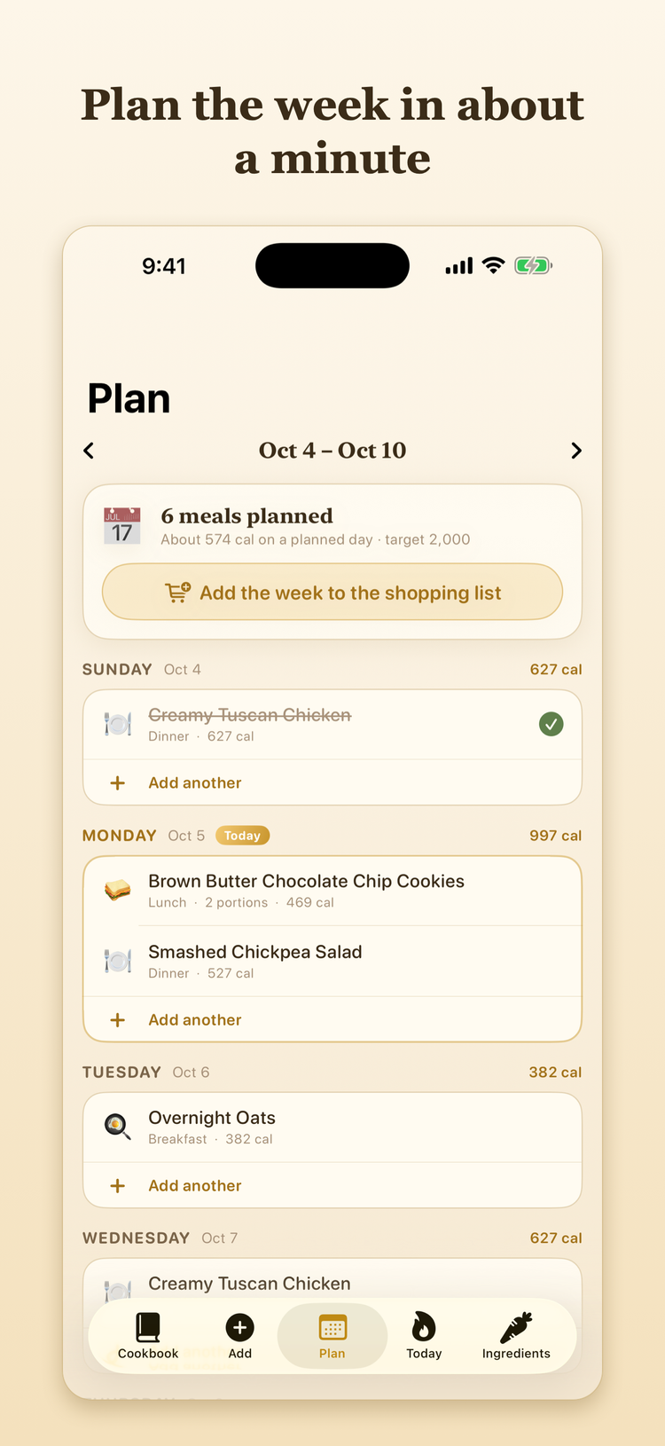 The weekly meal planner with recipes placed on each day.