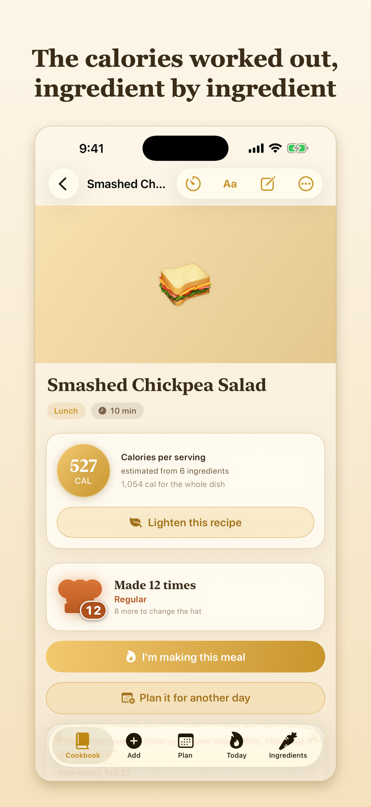 A recipe screen with a calorie badge and the per-ingredient breakdown.