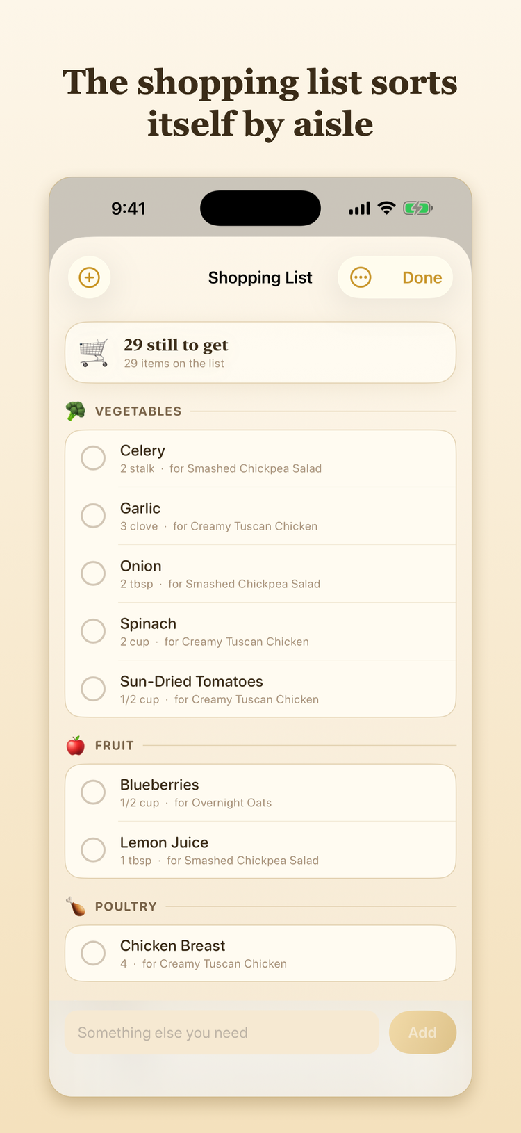 The shopping list grouped into aisles with an add item bar at the bottom.