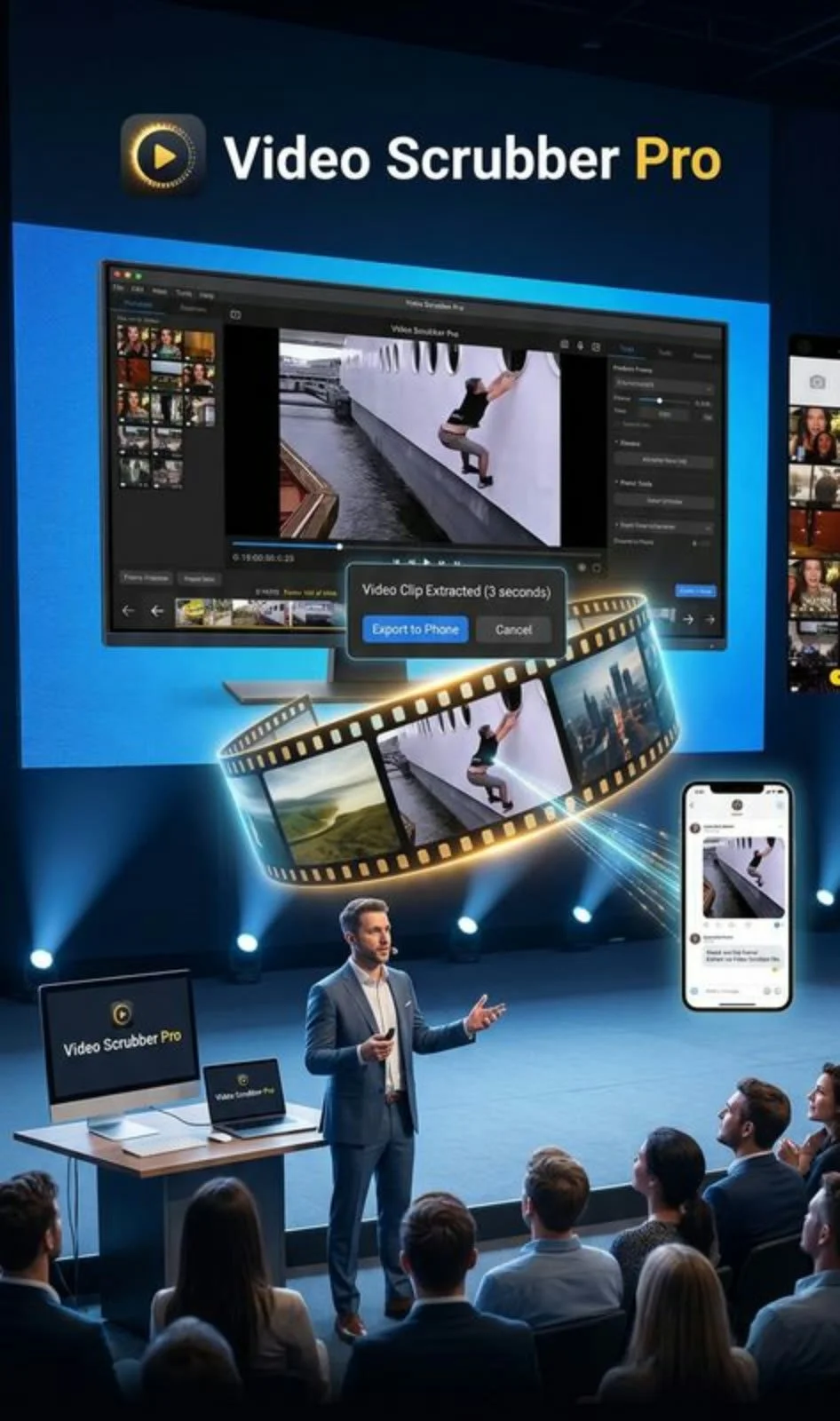 Video Scrubber Pro presented on a conference stage: a large screen showing the app with a clip open and a Video Clip Extracted dialogue, a strip of film frames curving out of it, and a phone receiving the exported clip.