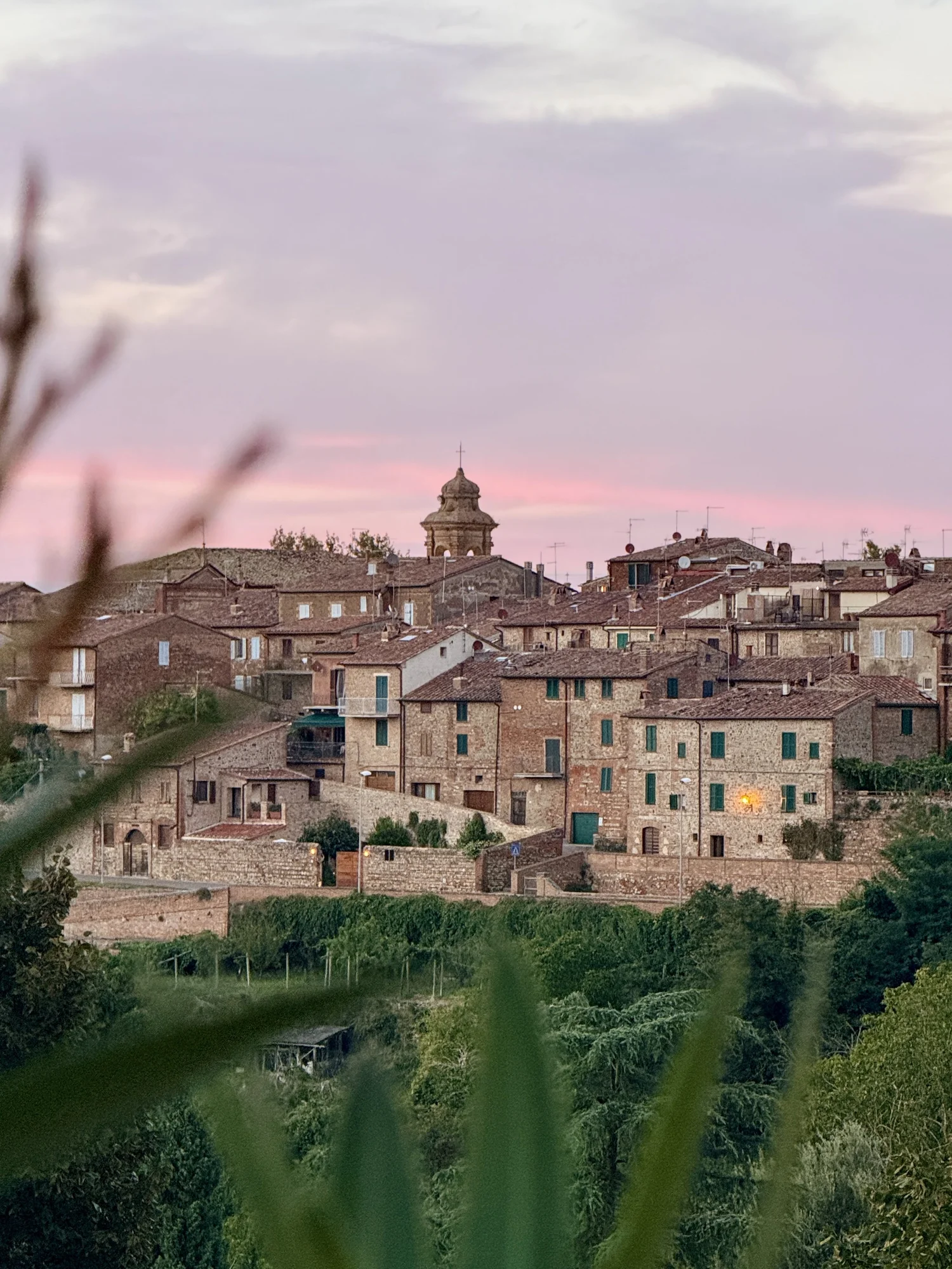 A hilltop village at dusk