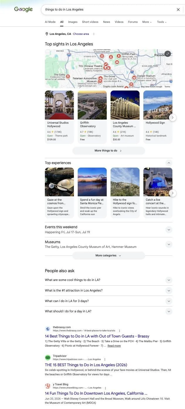 Google results for things to do in Los Angeles