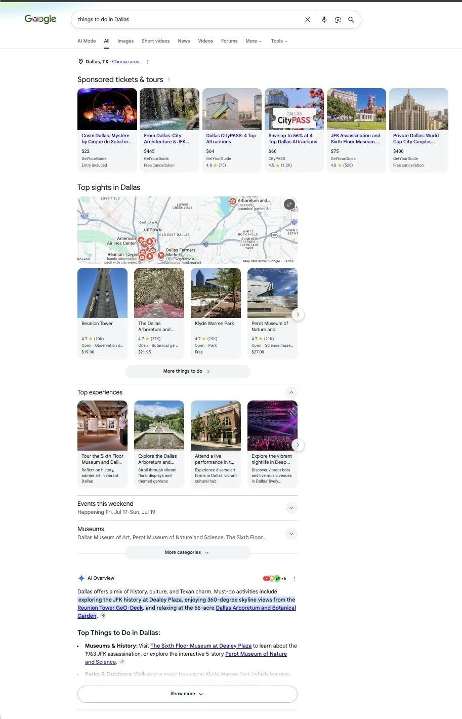 Google results for things to do in Dallas