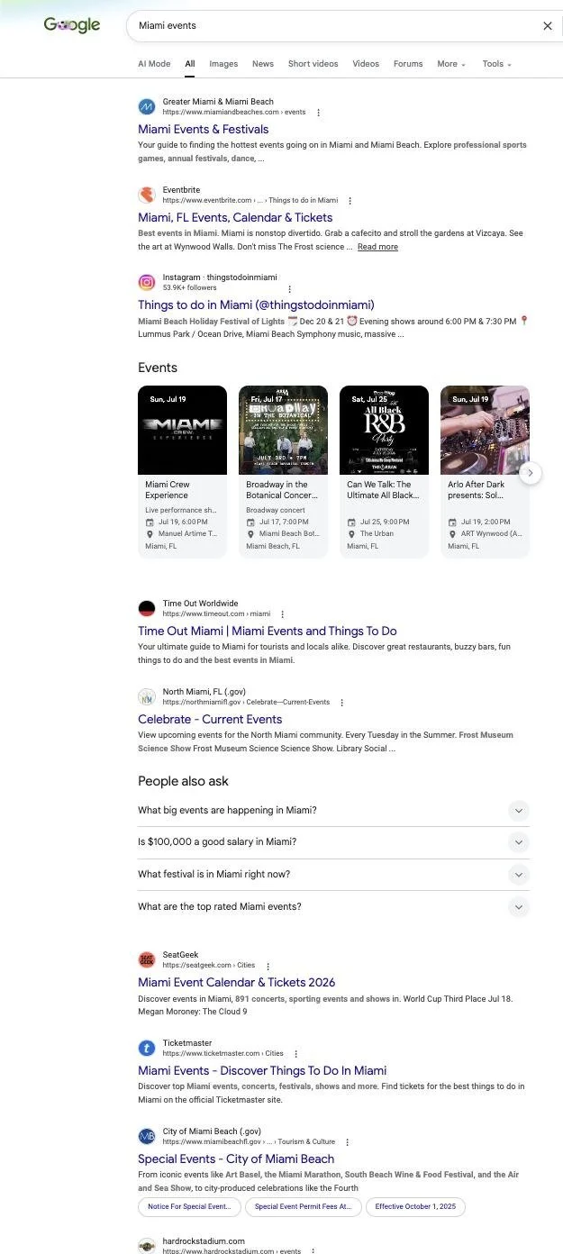 Google results for Miami events