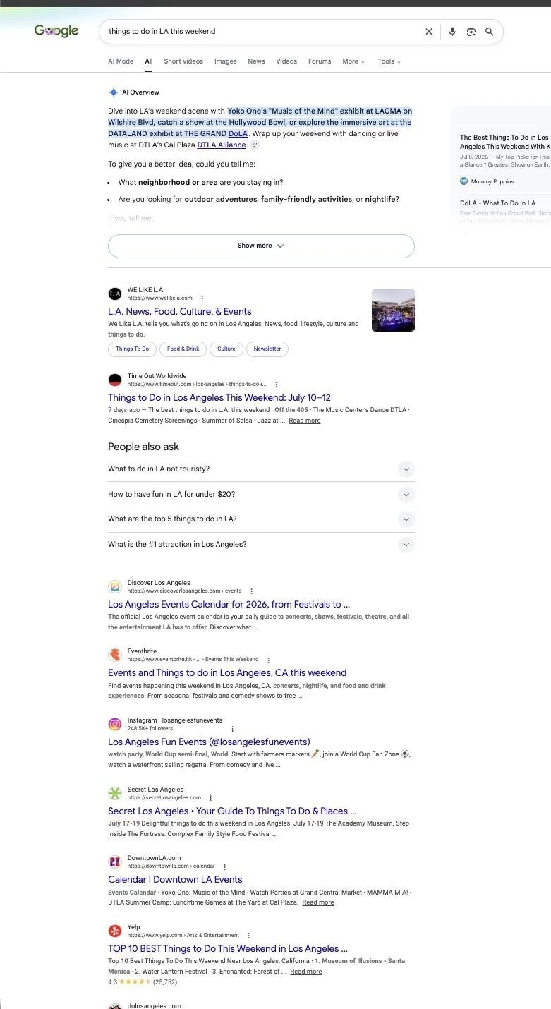 Google results for things to do in LA this weekend