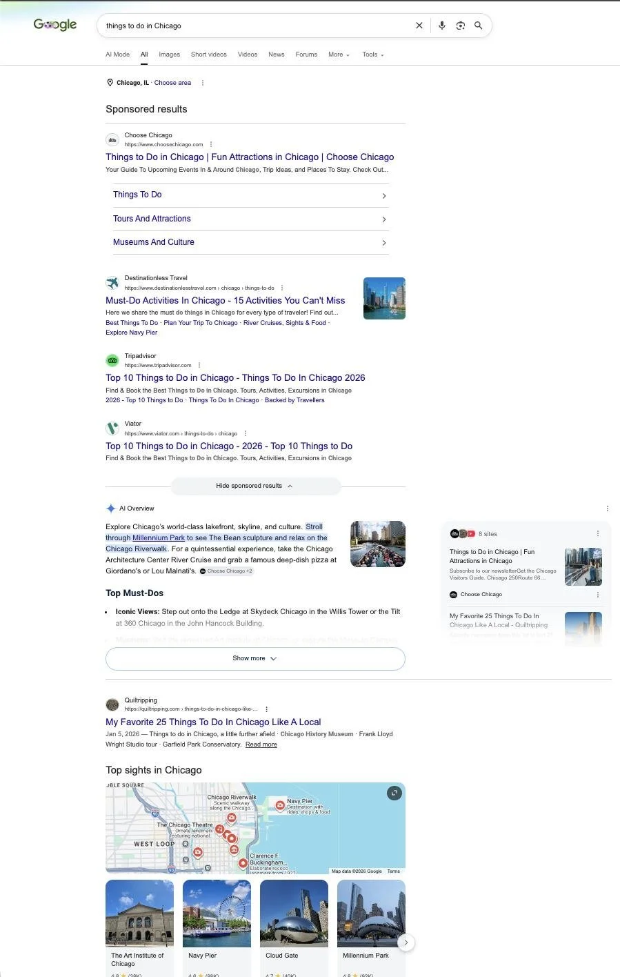 Google results for things to do in Chicago