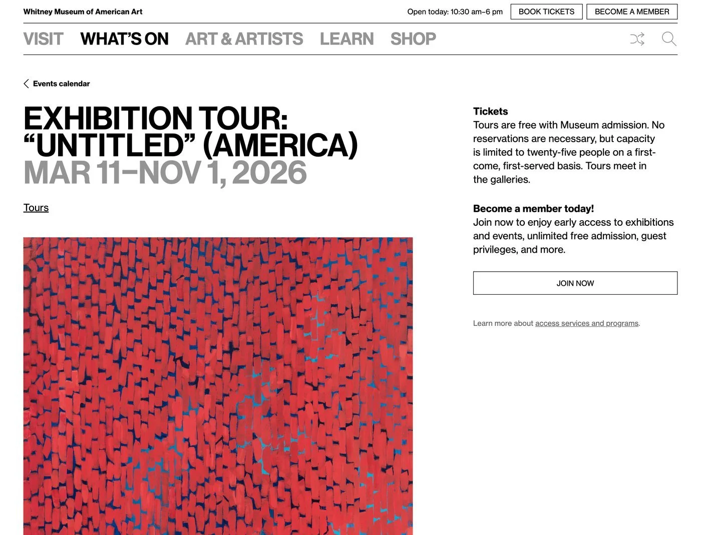 The tour page the team tested, still one page for a run of dates