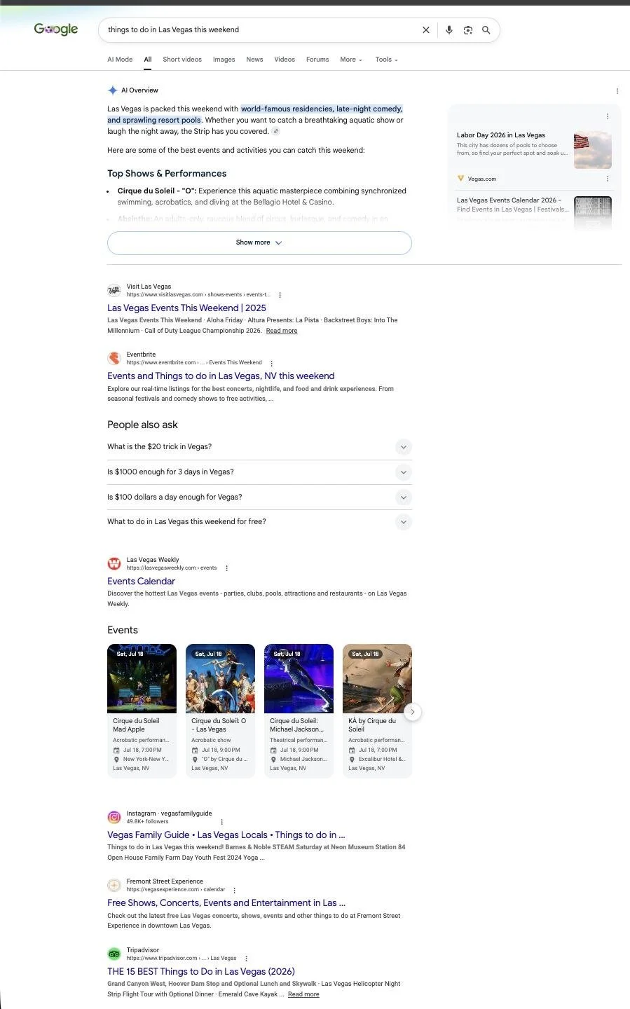 Google results for things to do in Las Vegas this weekend