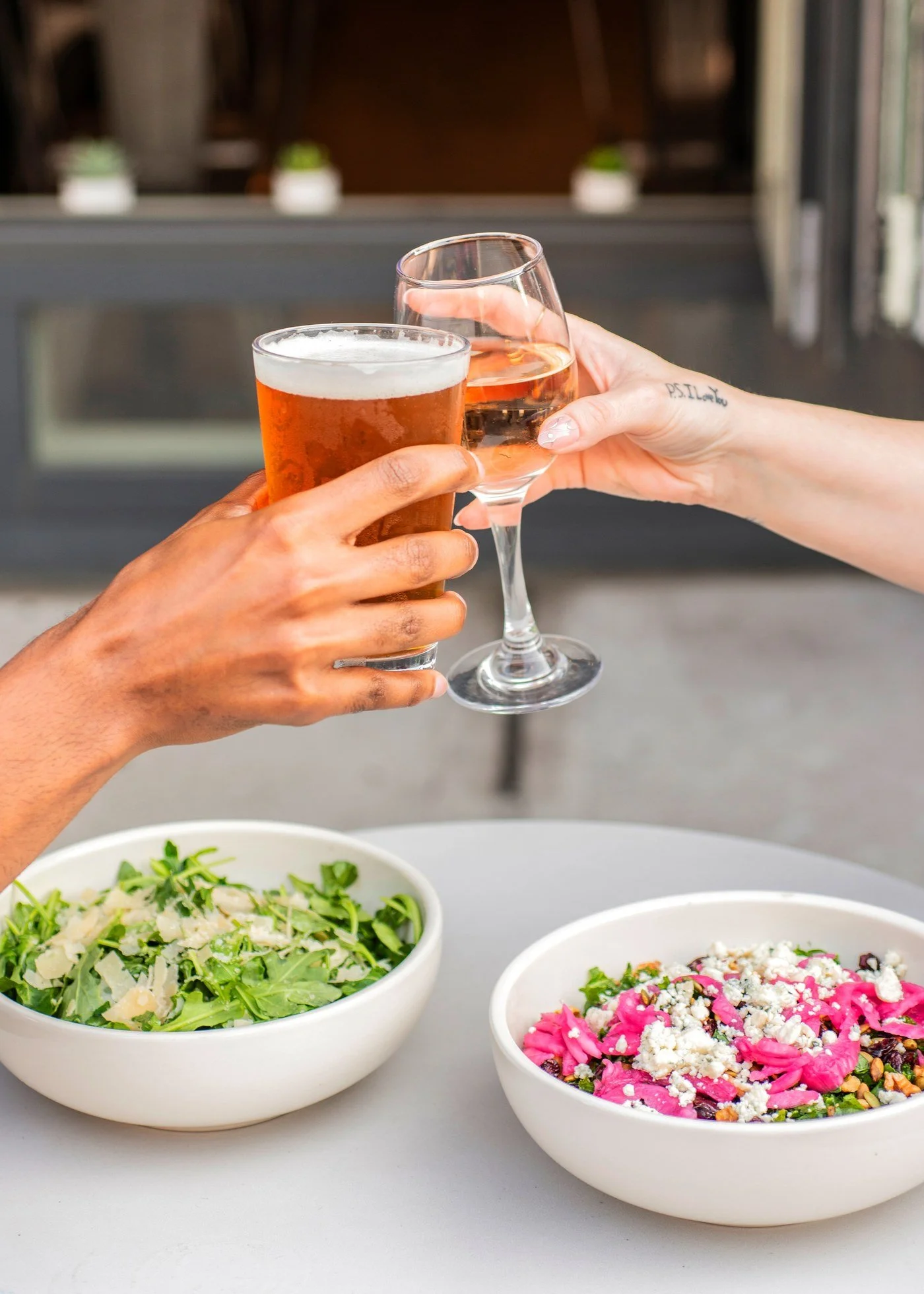 Beer and wine with salads