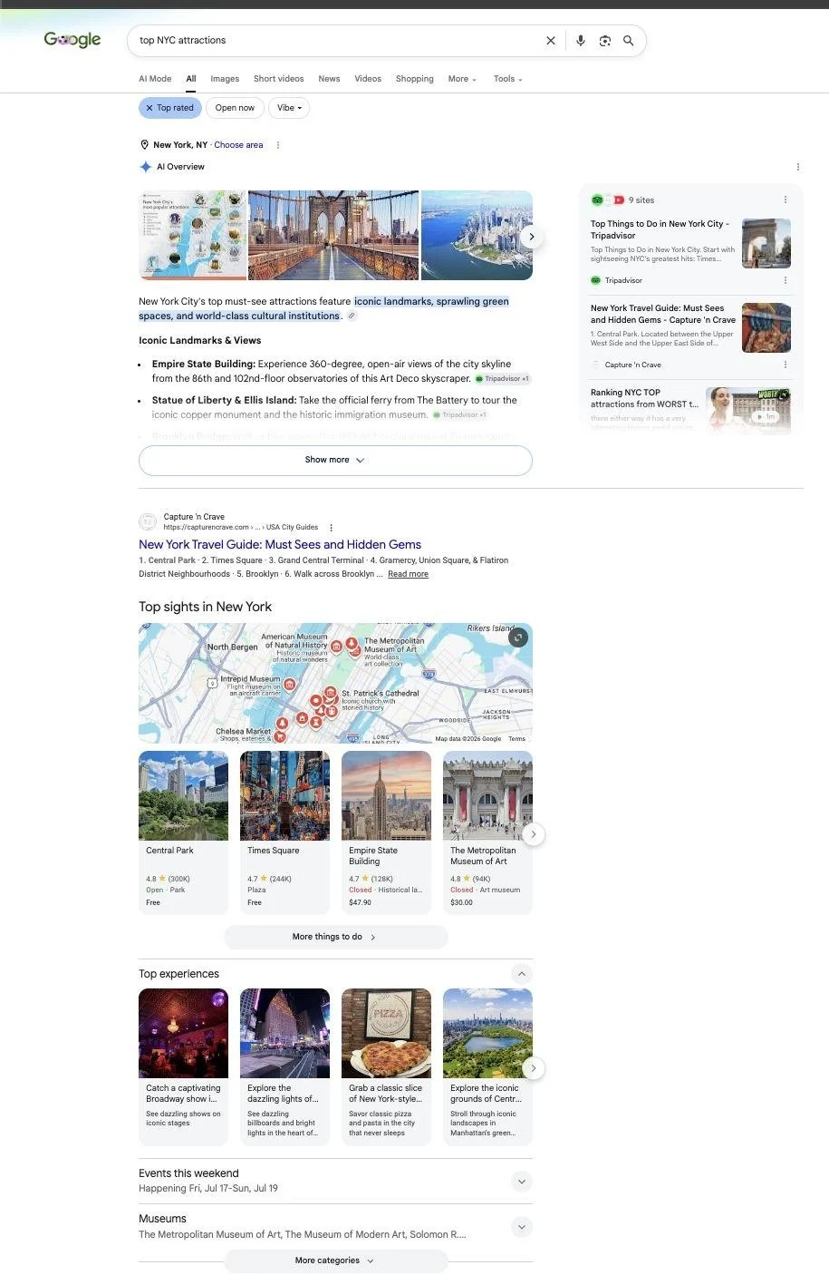 Google results for top NYC attractions