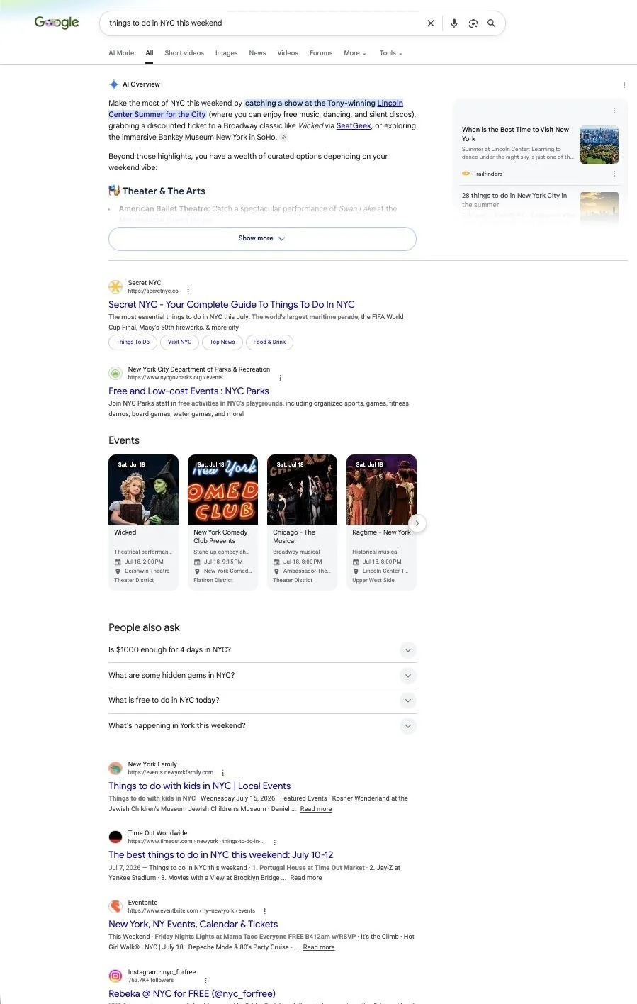 Google results for things to do in NYC this weekend