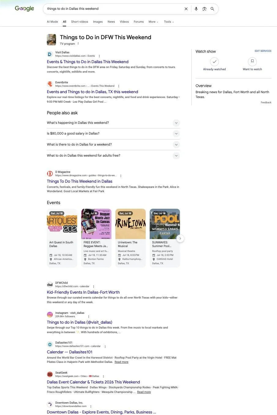 Google results for things to do in Dallas this weekend