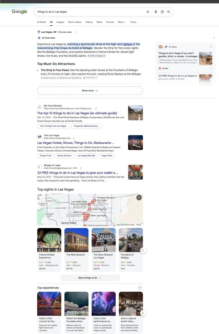 Google results for things to do in Las Vegas