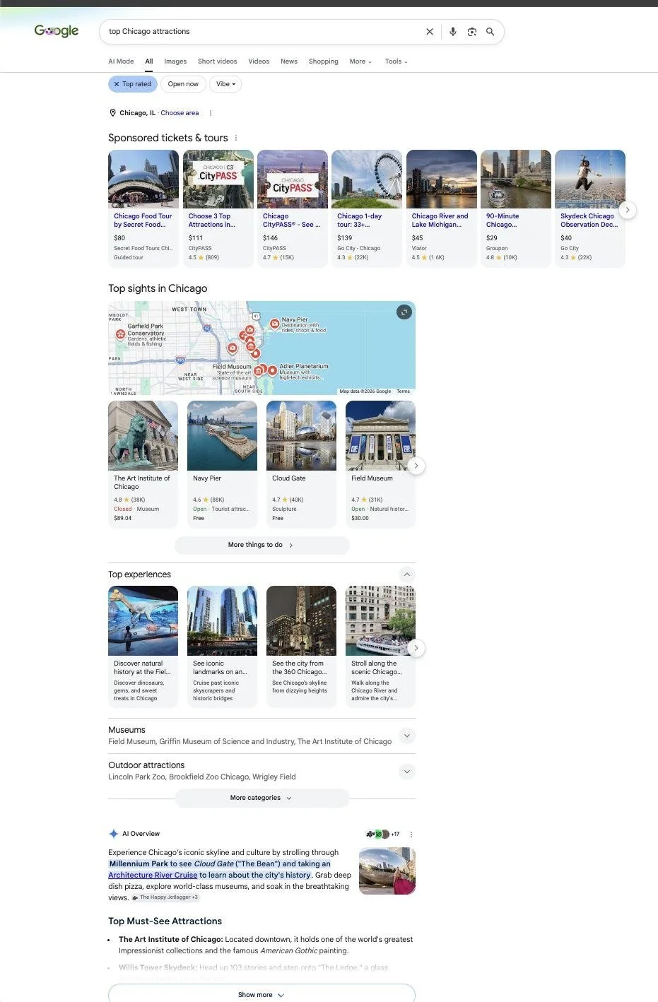 Google results for top Chicago attractions