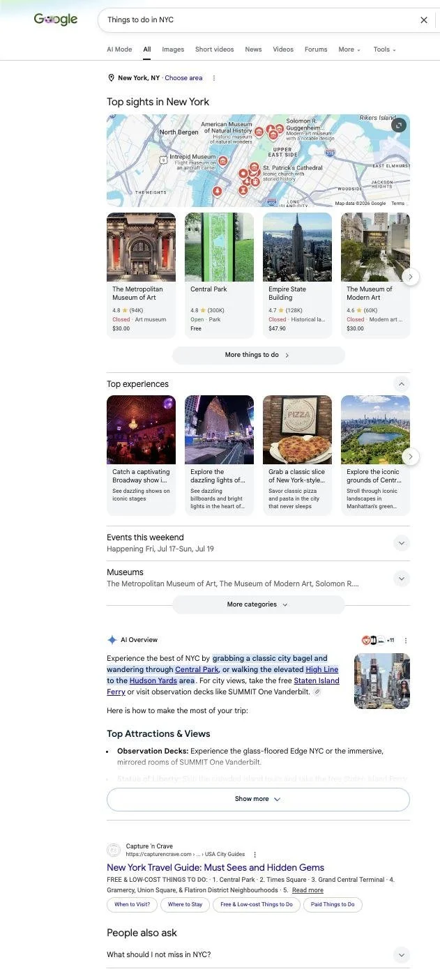 Google results for Things to do in NYC