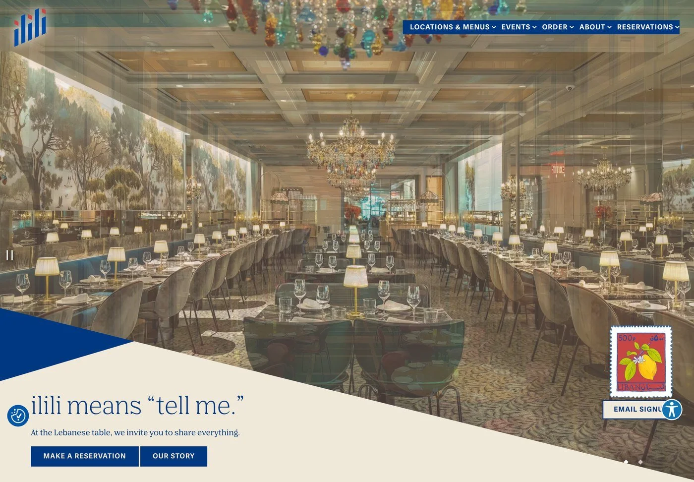 The five-item menu, live