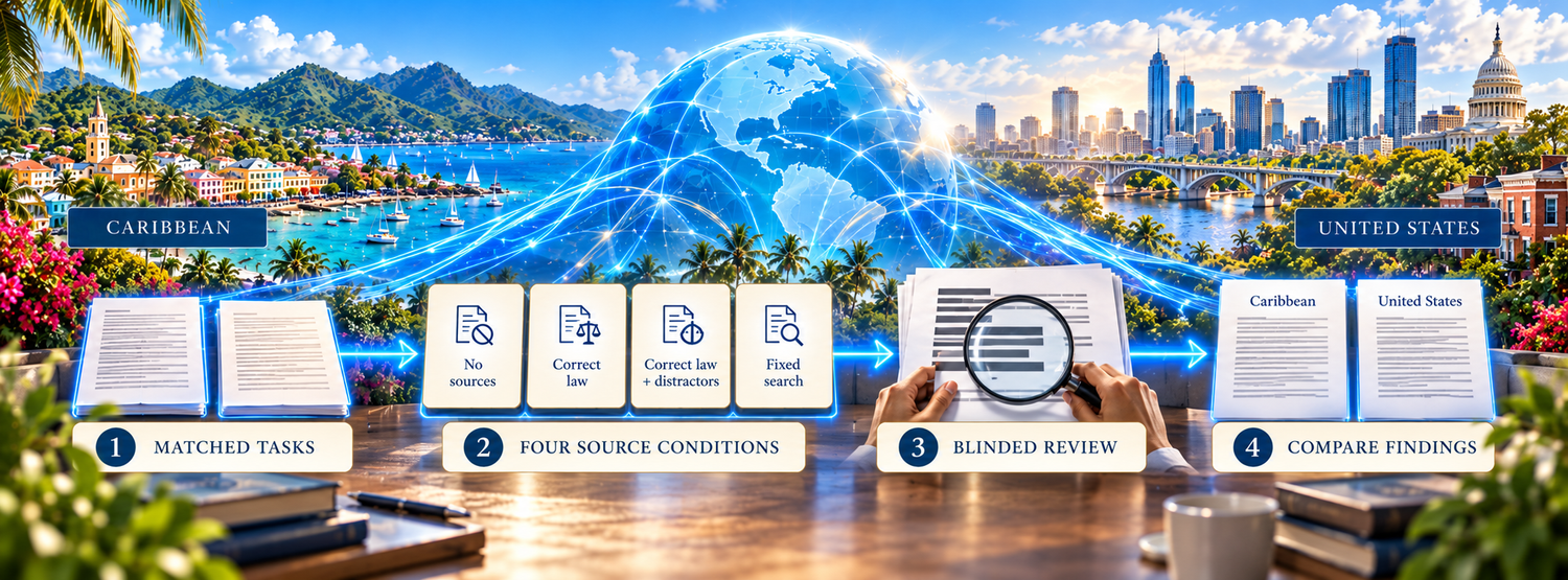 Shared Caribbean and US research workflow: matched tasks; no sources, correct law, correct law plus distractors, and fixed search; blinded review; compare findings.