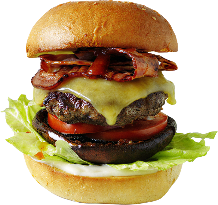 Beef and mushroom burger with a grilled portobello, cheddar and bacon