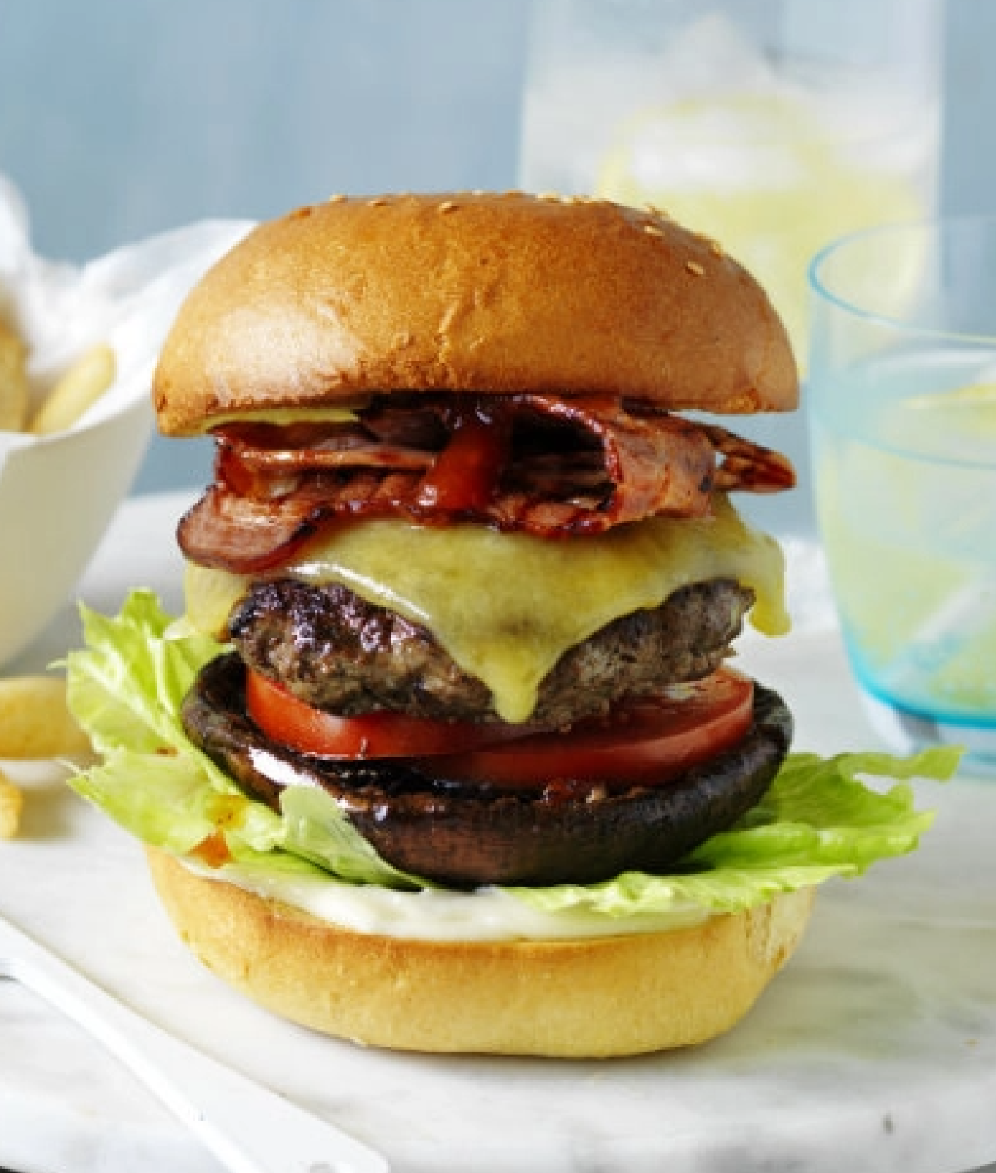 Beef and mushroom burger with a grilled portobello, cheddar and bacon