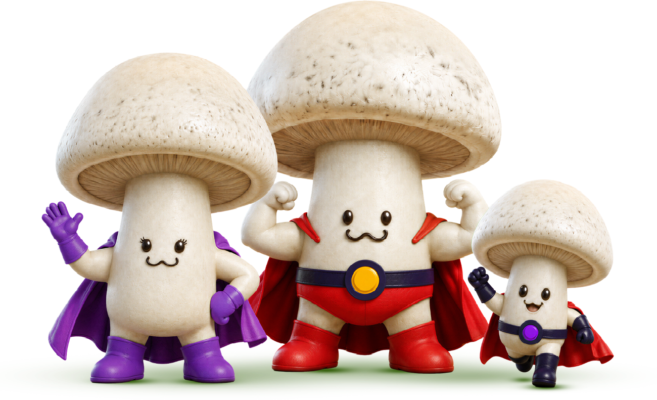 Three mushroom superheroes