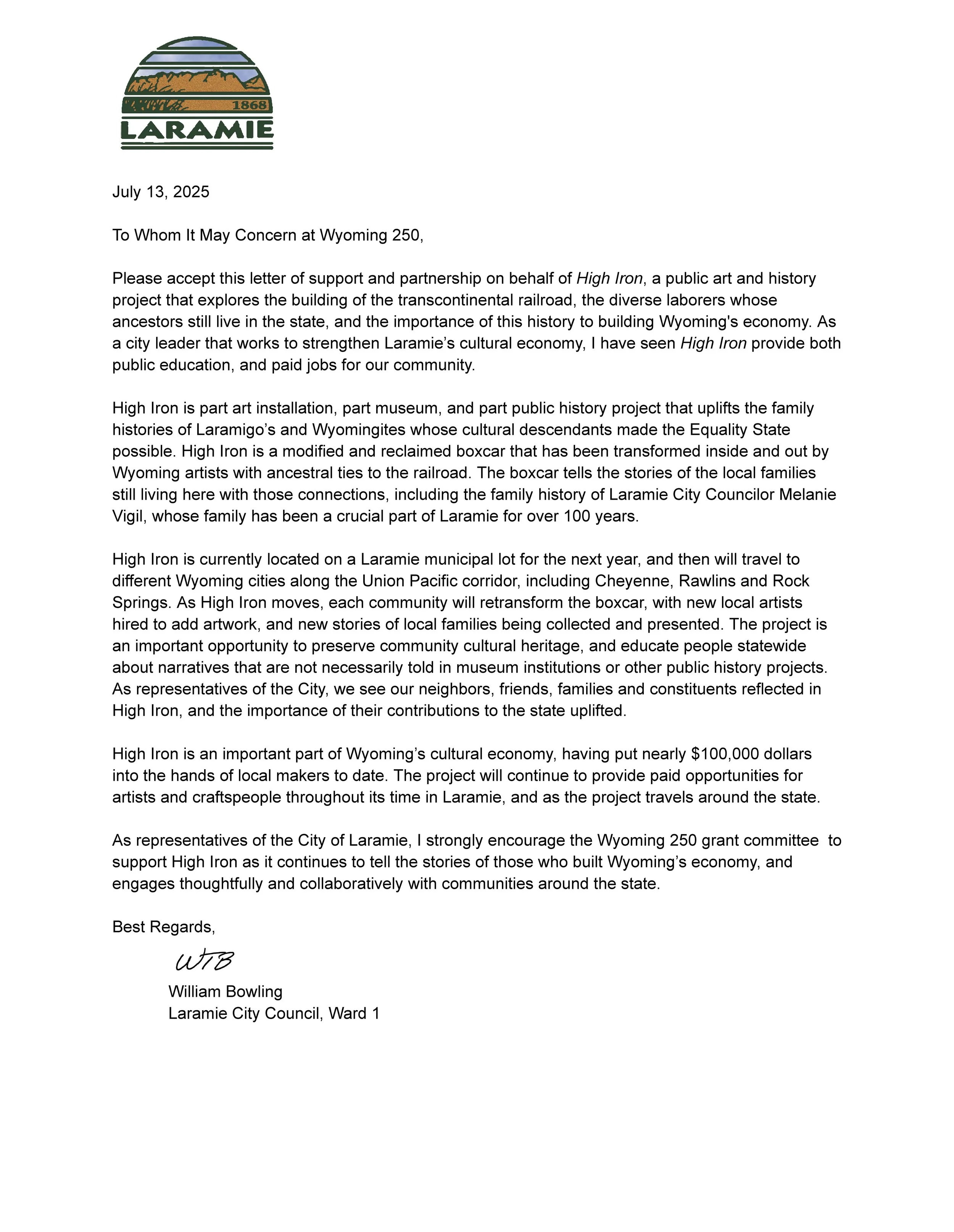 Letter of support from City Councilor Will Bowling