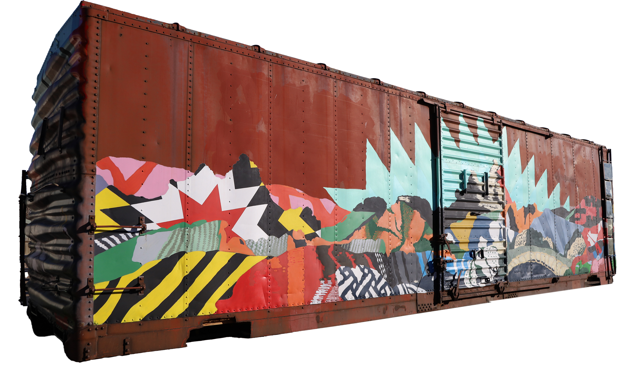 High Iron boxcar with murals by nine public artists touring Wyoming through 2029.