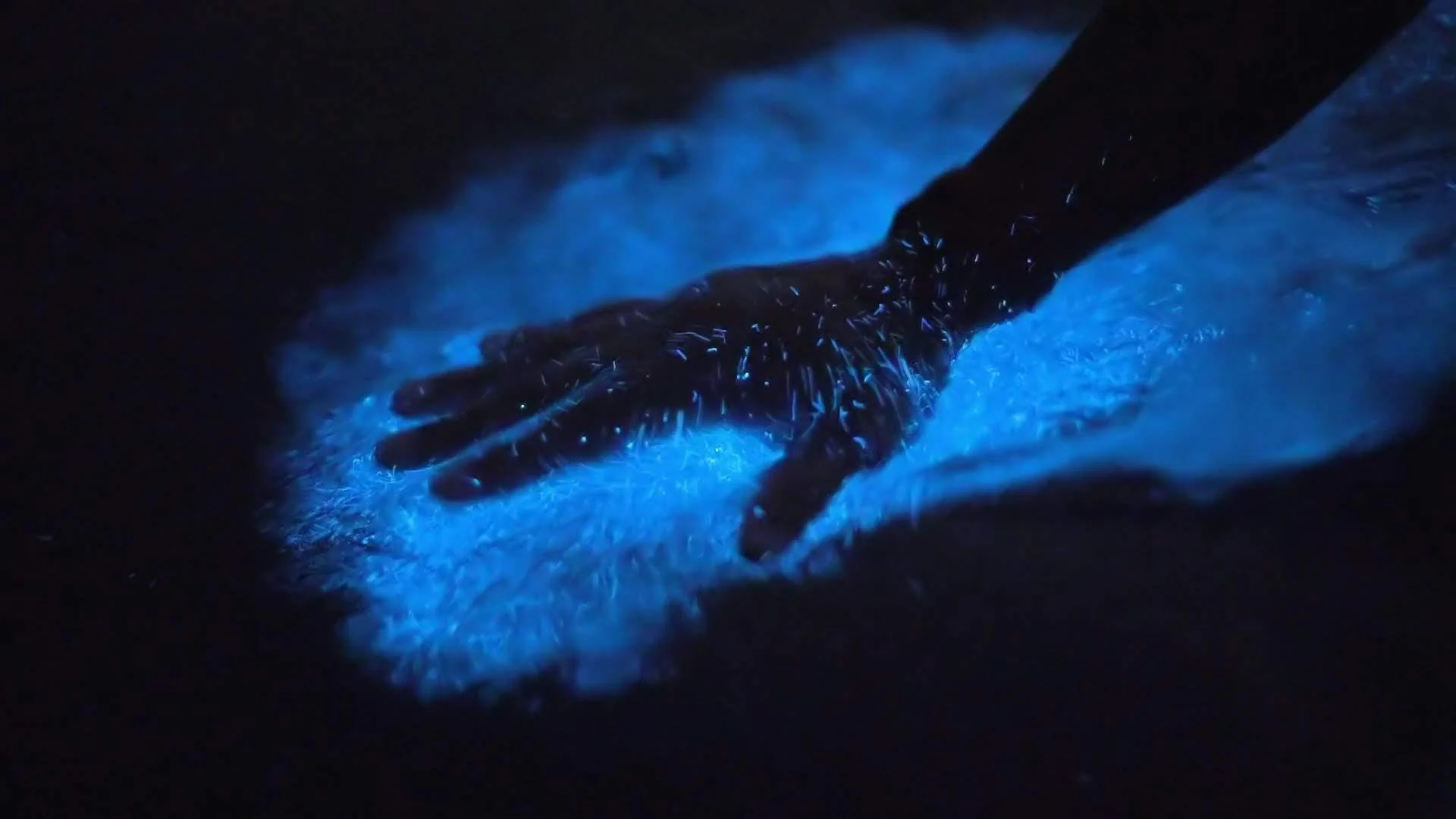 A splash of water that is glowing blue-green due to hand slapping its surface